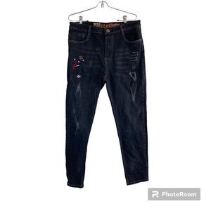 JCW Jin Chang Wang Mens Black  Jeans M 34 Embroidered Distressed Ultra Hi Rise